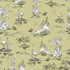 Beautiful seamless island pattern on beige background. Landscape with palm trees, beach and ocean vector hand drawn style.