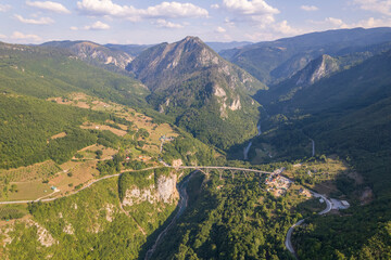 Aerial view of the canyon of the Tara river, mountains and Djurdzhevich bridge, Montenegro, Europe