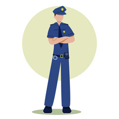 Policeman without a face in a flat style isolated on a white background. A policeman in uniform with a walkie-talkie and handcuffs. Vector illustration