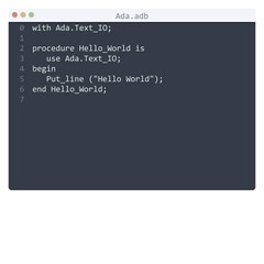 Ada language Hello World program sample in editor window