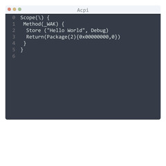 Acpi language Hello World program sample in editor window