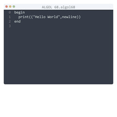 ALGOL 68 language Hello World program sample in editor window