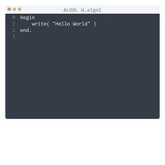 ALGOL W language Hello World program sample in editor window