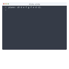 Alda language Hello World program sample in editor window