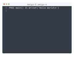 Amiga-E language Hello World program sample in editor window