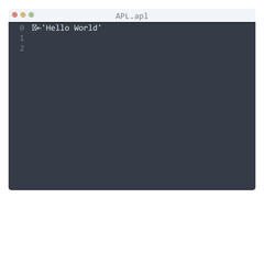 APL language Hello World program sample in editor window