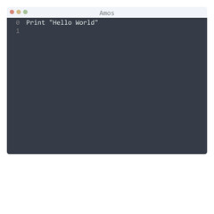Amos language Hello World program sample in editor window