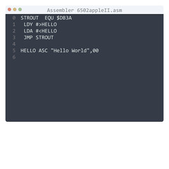 Assembler 6502appleII language Hello World program sample in editor window