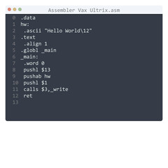 Assembler Vax Ultrix language Hello World program sample in editor window