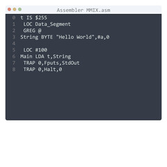 Assembler MMIX language Hello World program sample in editor window