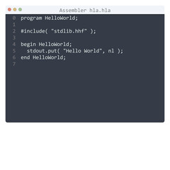 Assembler hla language Hello World program sample in editor window