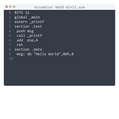 Assembler NASM Win32 language Hello World program sample in editor window