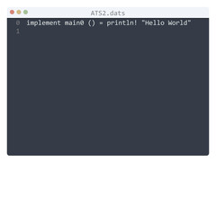 ATS2 language Hello World program sample in editor window