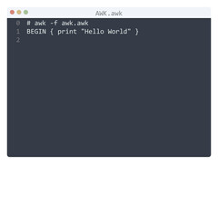 AWK language Hello World program sample in editor window
