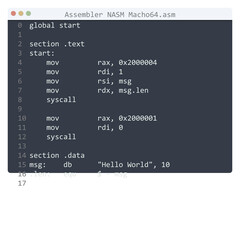 Assembler NASM Macho64 language Hello World program sample in editor window