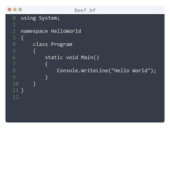 Beef language Hello World program sample in editor window