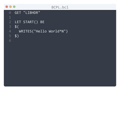 BCPL language Hello World program sample in editor window