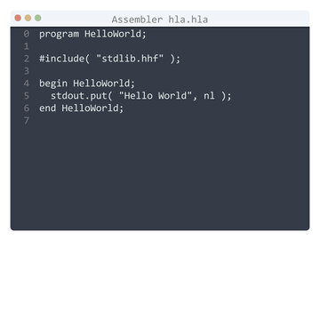 Assembler hla language Hello World program sample in editor window
