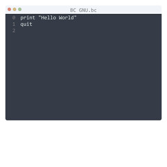 BC GNU language Hello World program sample in editor window