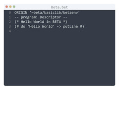 Beta language Hello World program sample in editor window