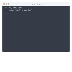 Naklejka na ściany i meble C Shell language Hello World program sample in editor window
