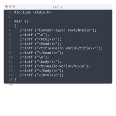 CGI language Hello World program sample in editor window