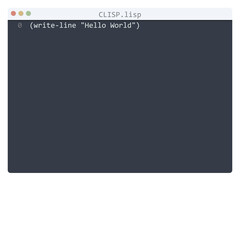 Obraz premium CLISP language Hello World program sample in editor window