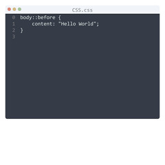 CSS language Hello World program sample in editor window