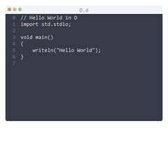 D language Hello World program sample in editor window