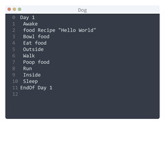 Dog language Hello World program sample in editor window