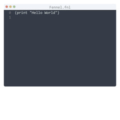 Fennel language Hello World program sample in editor window