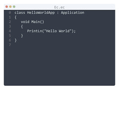 Naklejka na ściany i meble Ec language Hello World program sample in editor window