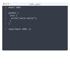 GAML language Hello World program sample in editor window