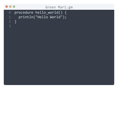 Naklejka na ściany i meble Green Marl language Hello World program sample in editor window