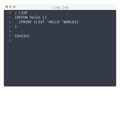 Lisp language Hello World program sample in editor window