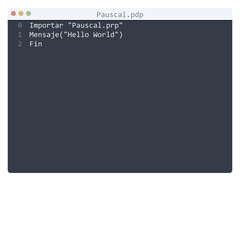Pauscal language Hello World program sample in editor window