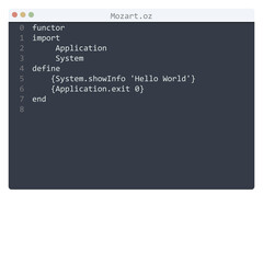Mozart language Hello World program sample in editor window
