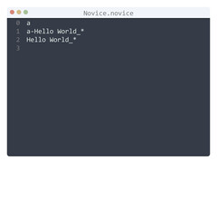 Novice language Hello World program sample in editor window
