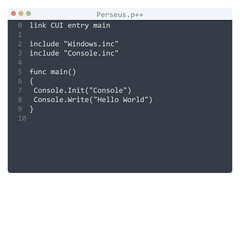 Perseus language Hello World program sample in editor window