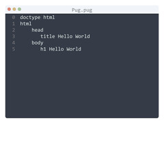 Pug language Hello World program sample in editor window