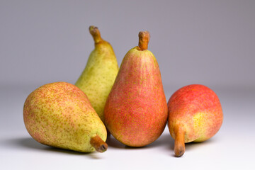 Pears isolated. Pears on grey background. Full depth of field. Pears, Large Group, Background – Italian Cultivar of Green Pear 