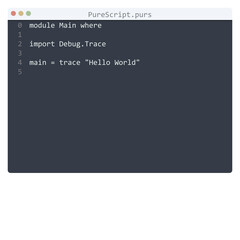 PureScript language Hello World program sample in editor window