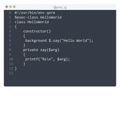 Qore language Hello World program sample in editor window
