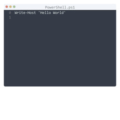 PowerShell language Hello World program sample in editor window