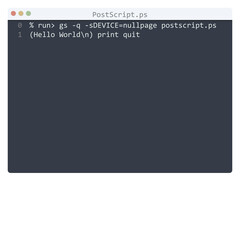 PostScript language Hello World program sample in editor window