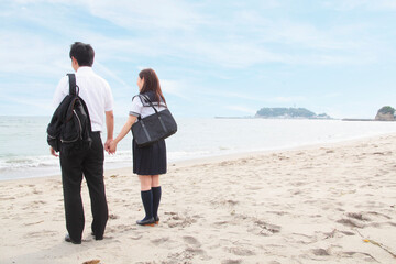 Young couple holding hands on beach, rear view