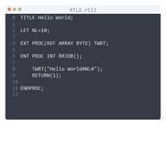 RTL2 language Hello World program sample in editor window