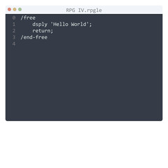 RPG IV language Hello World program sample in editor window