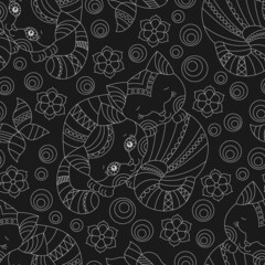 Seamless pattern with light contour cats and flowers in stained glass style on a dark  background