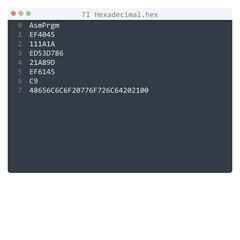 TI Hexadecimal language Hello World program sample in editor window